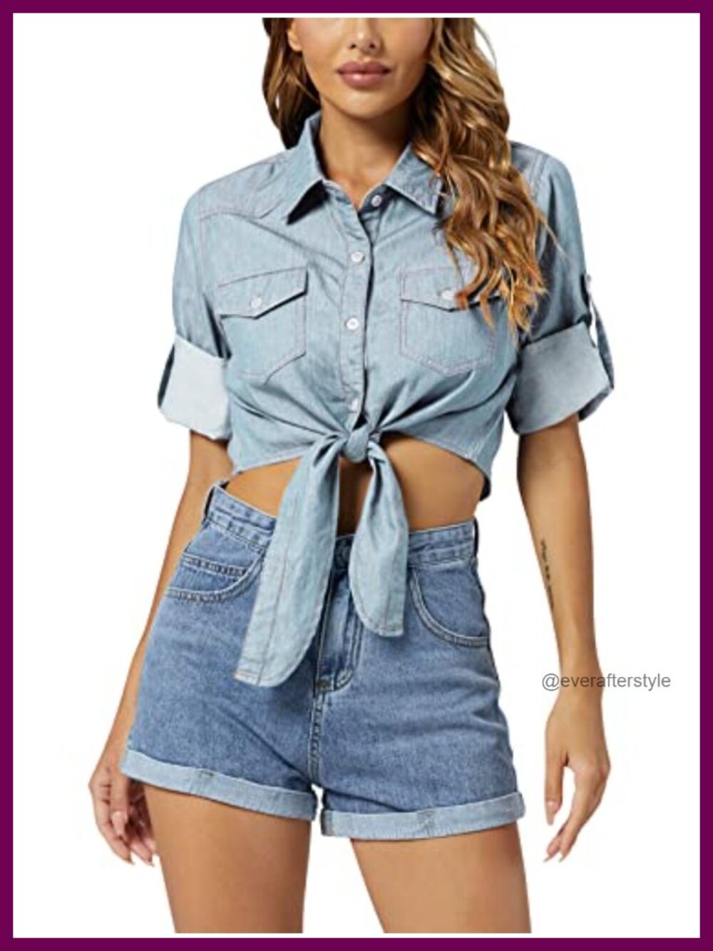 Women's Tie Front Chambray Shirt Roll Up 3/4 Sleeve Button Down Crop Top